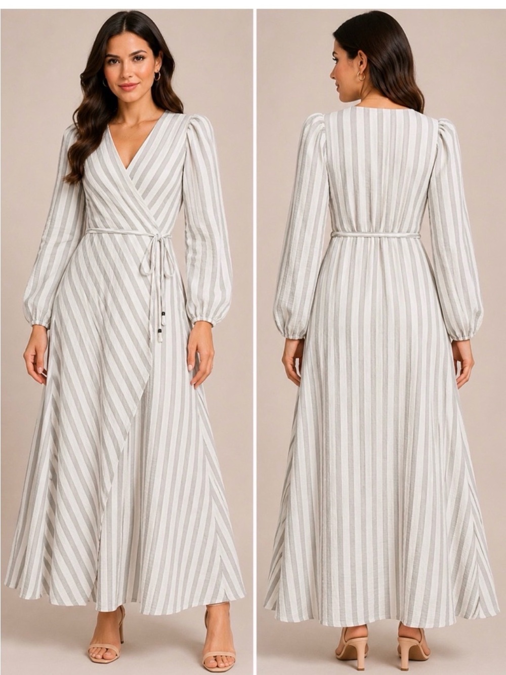 Calvin Klein Cream and Gray Striped Wrap Maxi Dress